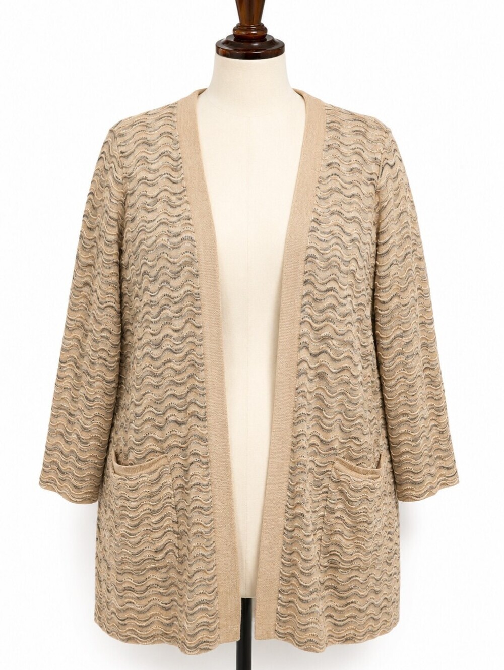 Isaac Mizrahi Live Neutral Multicolor Scallop Knit Longline Cardigan Sweater 2X